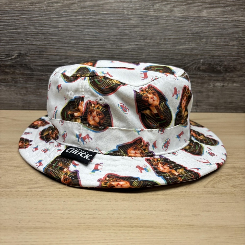 Original Chuck Hat Bucket Fitted One Size White Cat Pharaoh Allover Print NWT - Picture 8 of 12